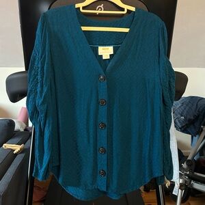 Maeve By Anthropologie Teal Jourdain Knit Button Down Scrunch Sleeve Top, Size 8
